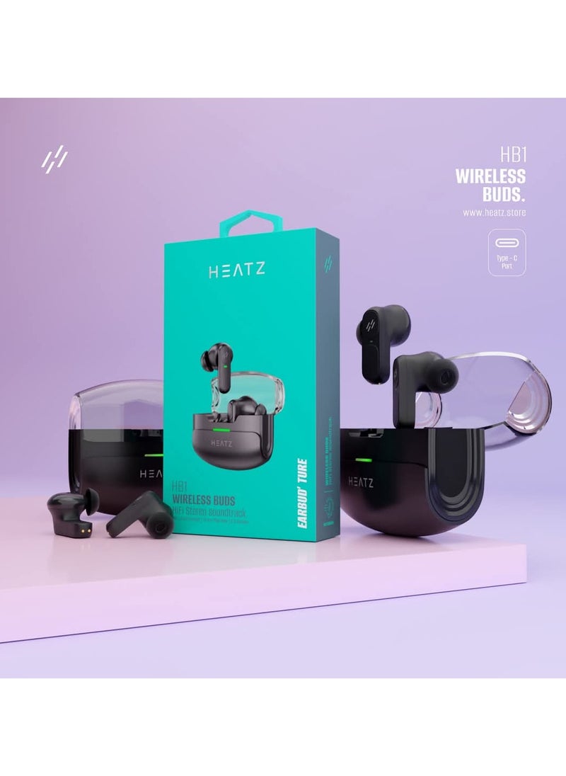 Heatz HB1 Wireless Earbuds, HiFi Stereo Sound, 18 Hours Playtime, Bluetooth 5.3, Touch Control, ENC, Lightweight Earbuds, Bluetooth Headset, All Day Wear, Black