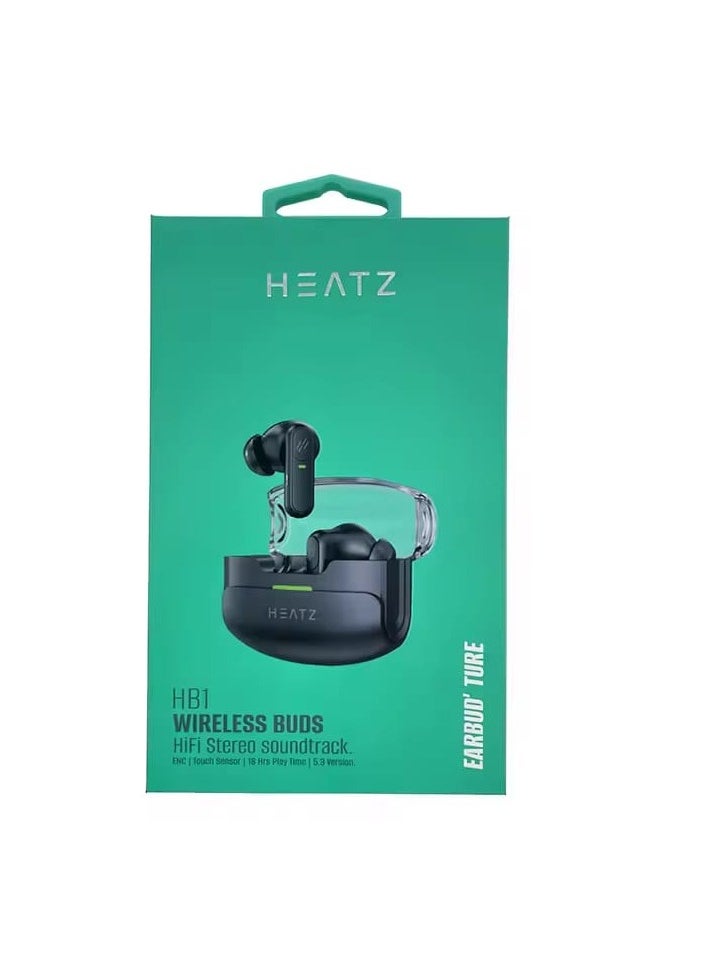 Heatz HB1 Wireless Earbuds, HiFi Stereo Sound, 18 Hours Playtime, Bluetooth 5.3, Touch Control, ENC, Lightweight Earbuds, Bluetooth Headset, All Day Wear, Black