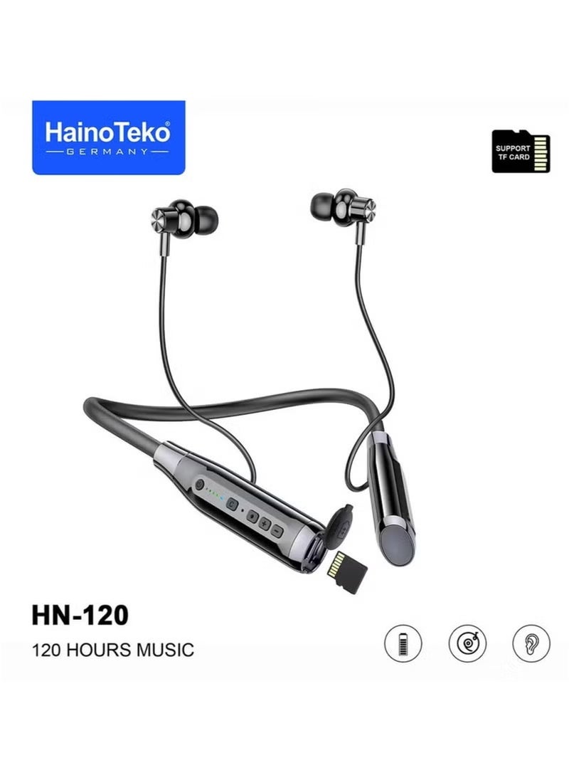 HN120 Bluetooth Neck Band with 120 Hours of Music, High Bass Sound Quality, Super Clear Mic, TF Card Support – Stylish Black, Perfect for Music, Calls, and Long-Lasting Use