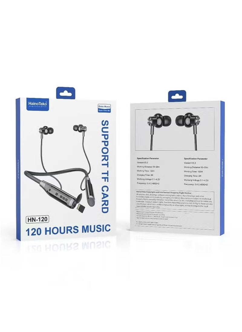 HN120 Bluetooth Neck Band with 120 Hours of Music, High Bass Sound Quality, Super Clear Mic, TF Card Support – Stylish Black, Perfect for Music, Calls, and Long-Lasting Use