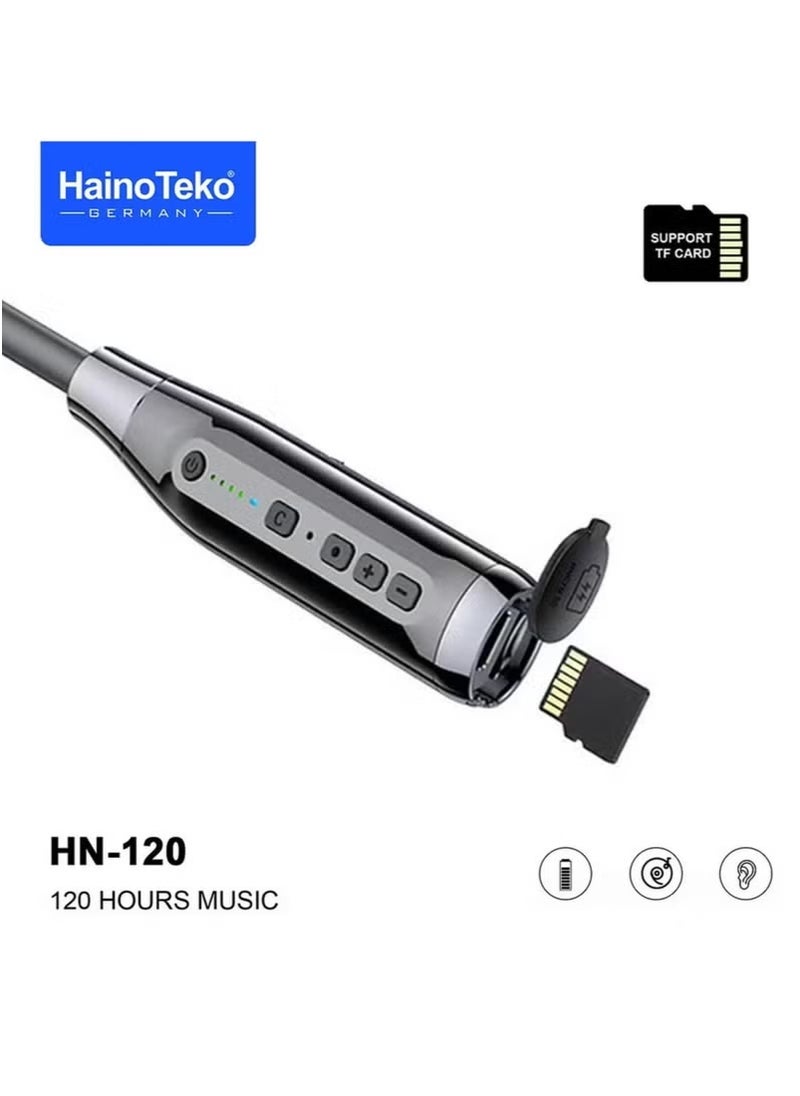 HN120 Bluetooth Neck Band with 120 Hours of Music, High Bass Sound Quality, Super Clear Mic, TF Card Support – Stylish Black, Perfect for Music, Calls, and Long-Lasting Use