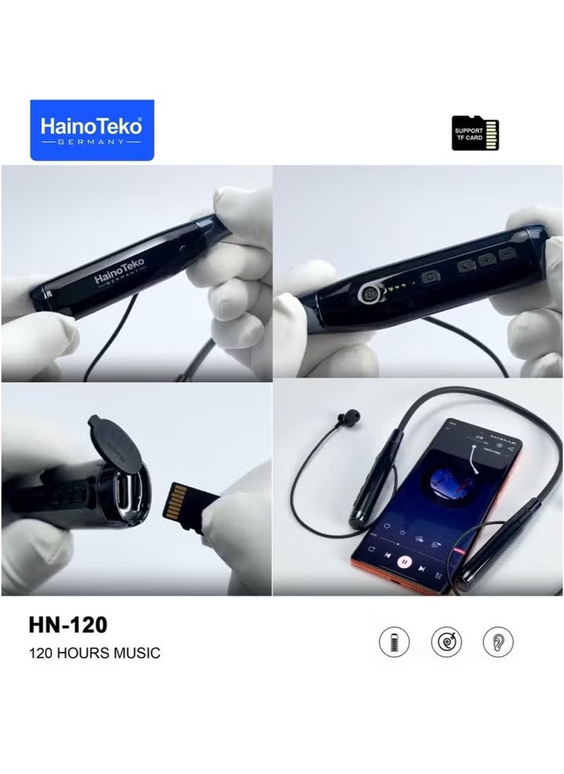 HN120 Bluetooth Neck Band with 120 Hours of Music, High Bass Sound Quality, Super Clear Mic, TF Card Support – Stylish Black, Perfect for Music, Calls, and Long-Lasting Use