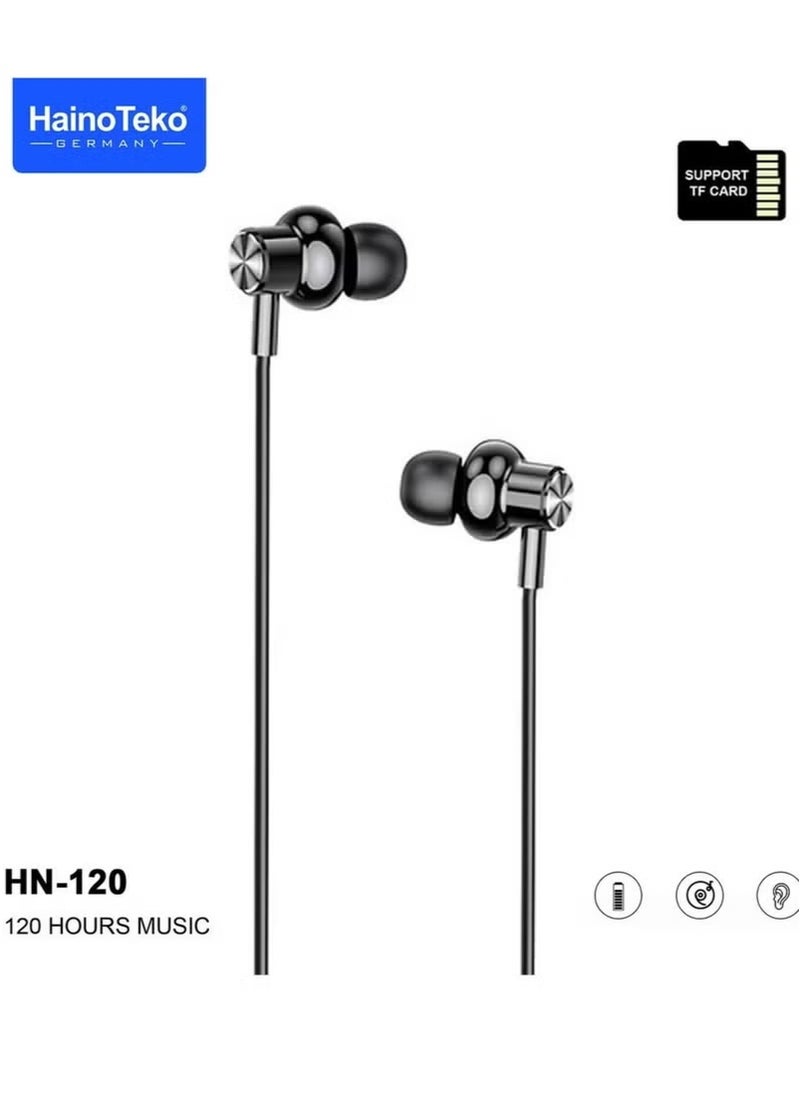 HN120 Bluetooth Neck Band with 120 Hours of Music, High Bass Sound Quality, Super Clear Mic, TF Card Support – Stylish Black, Perfect for Music, Calls, and Long-Lasting Use