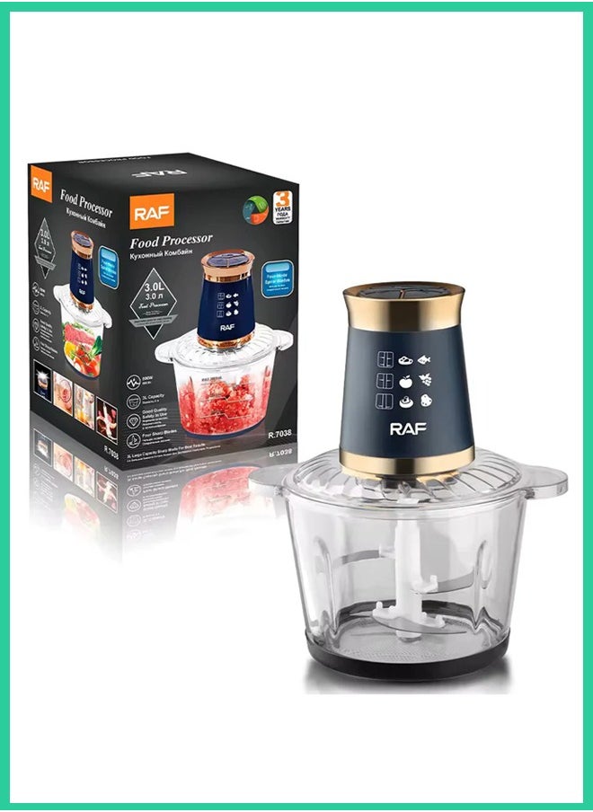 RAF Electric Food Processor 3L – 2-Speed Multi-Function Chopper with Stainless Steel Blades, 300W Powerful Motor, for Meat, Vegetables, Fruits, and More – Model R-7038