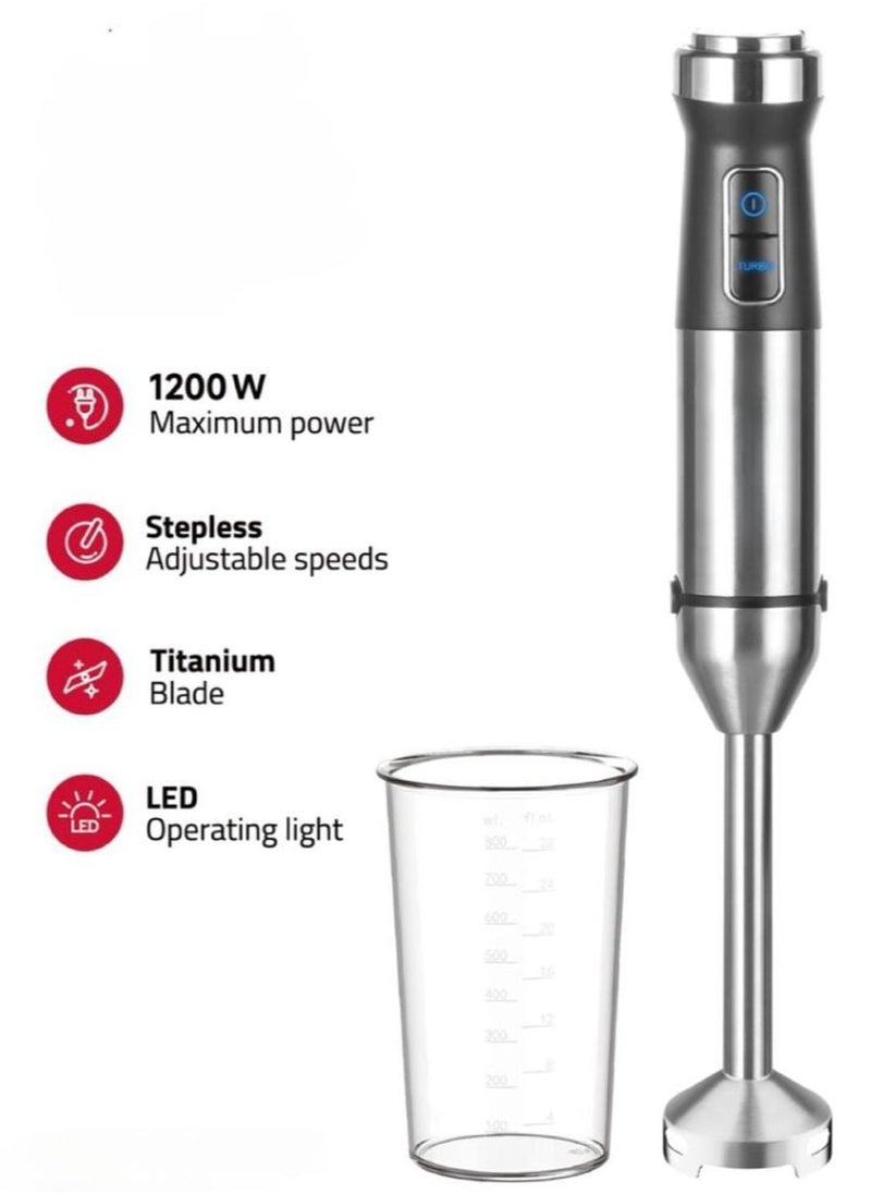 Hand Blender Heavy Duty 1200W– Adjustable Speed Immersion Blender with Titanium Blade & LED Light – Powerful Hand Mixer for Smoothies, Soups, Sauces, Purees & Baby Food