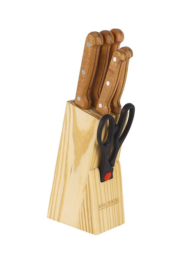 Royalford Kitchen Knife Set- RF12265/ Pack of 7, Includes Chef, Slicer, Utility, Paring Knife and Scissors/ Stylish Pinewood Holder, Ergonomic Design with Comfortable Wooden Handle Multicolor