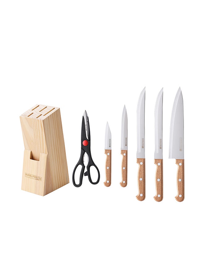 Royalford Kitchen Knife Set- RF12265/ Pack of 7, Includes Chef, Slicer, Utility, Paring Knife and Scissors/ Stylish Pinewood Holder, Ergonomic Design with Comfortable Wooden Handle Multicolor