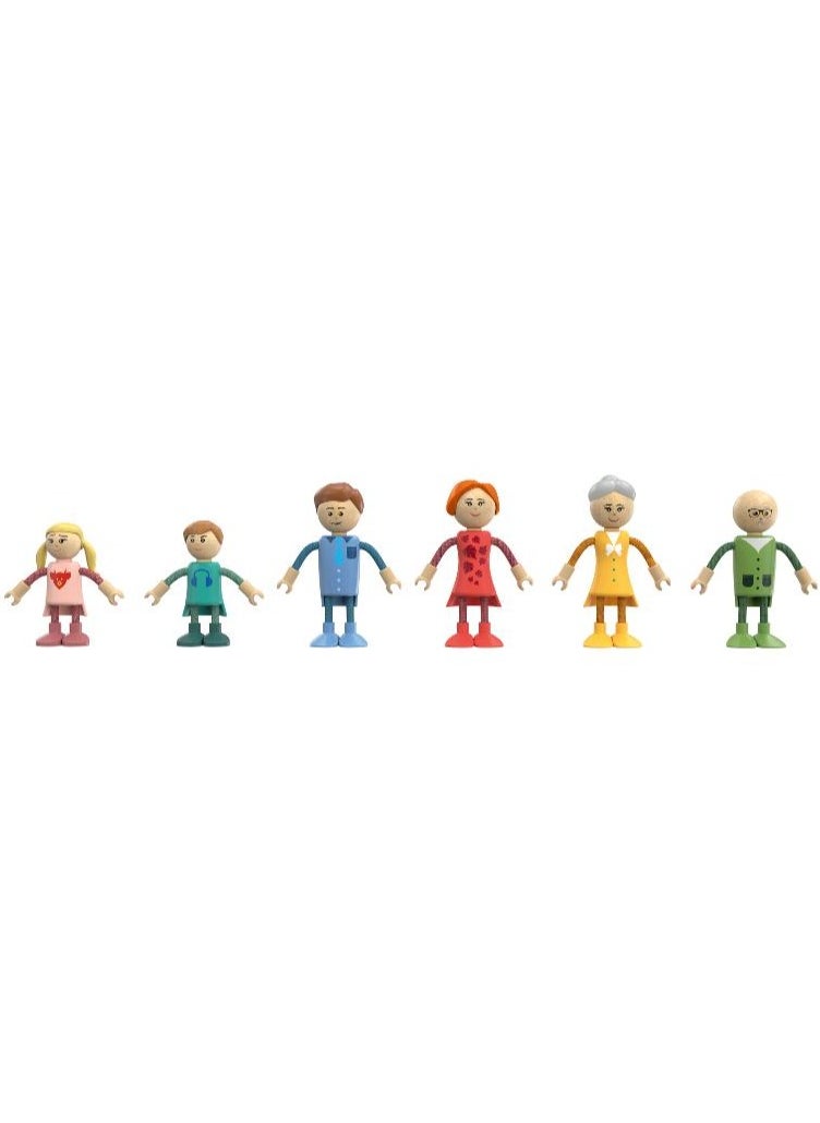 Wooden Bendable Doll Family, 6-Piece Poseable Dolls Set for Dollhouses, Includes Mom, Dad, Kids, and Grandparents. Flexible Limbs for Imaginative Play,  Durable, Hand-Painted Wood Figures, Montessori Pretend Play Toy for Boys & Girls Ages 3+