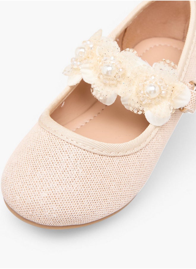 Girls Floral Applique Ballerina Shoes with Hook and Loop Closure