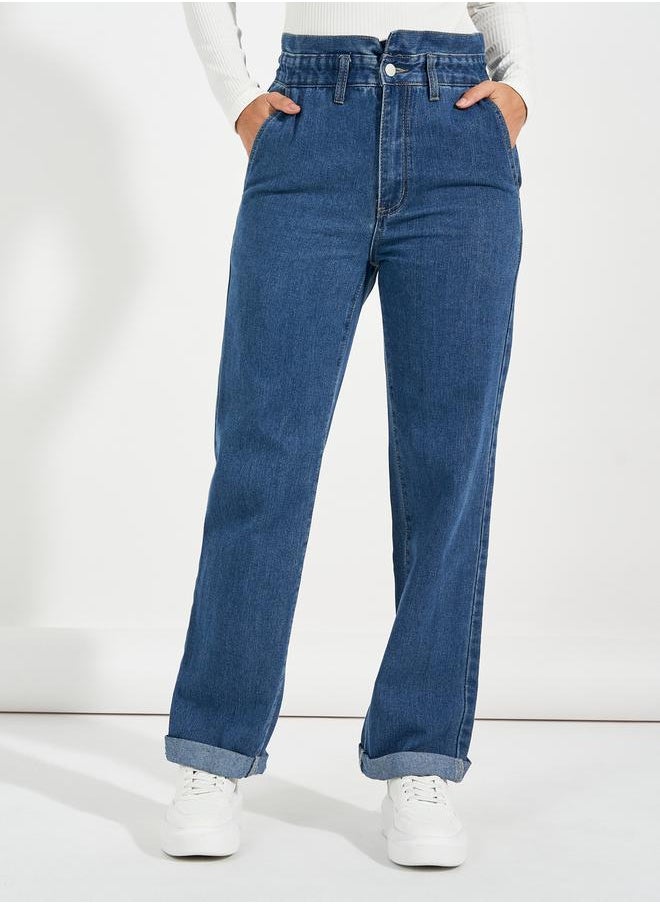 High Rise Straight Fit Paper Bag Waist Jeans