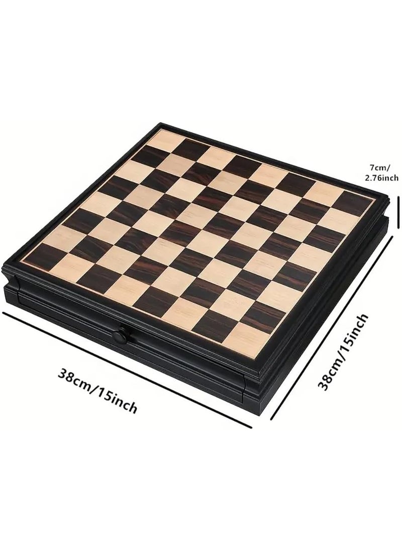 2-in-1 Wooden Checkers & Chess Board Game Set with Storage Drawer & Magnetic Bases Pieces, Premium Traditional Educational Toy for Adults & Kids Gift (Size, 38x38cm) Black/Brown