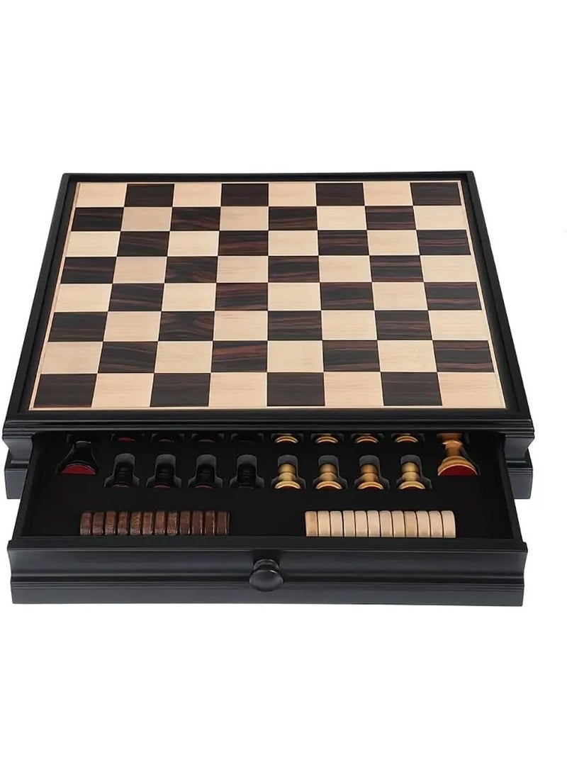 2-in-1 Wooden Checkers & Chess Board Game Set with Storage Drawer & Magnetic Bases Pieces, Premium Traditional Educational Toy for Adults & Kids Gift (Size, 38x38cm) Black/Brown