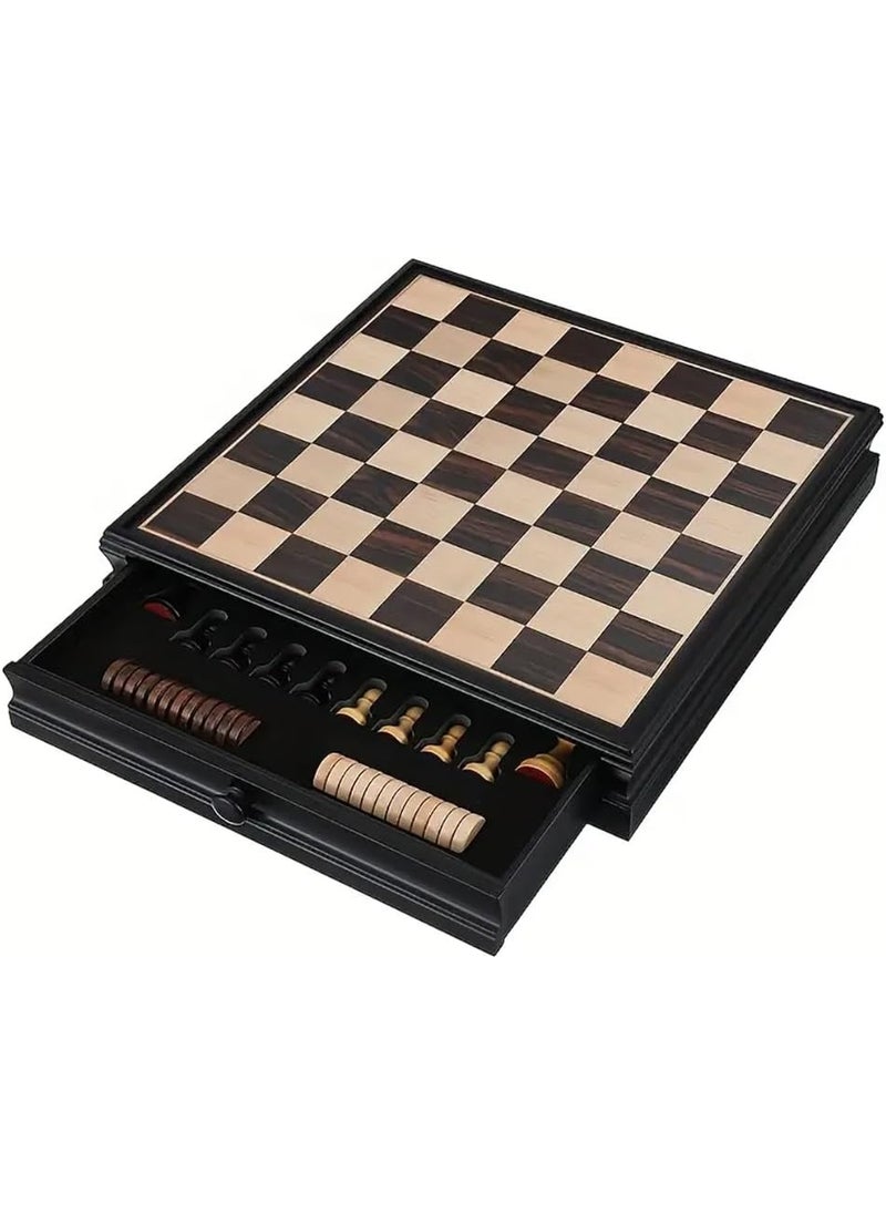 2-in-1 Wooden Checkers & Chess Board Game Set with Storage Drawer & Magnetic Bases Pieces, Premium Traditional Educational Toy for Adults & Kids Gift (Size, 38x38cm) Black/Brown