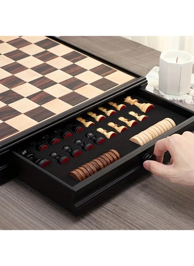 2-in-1 Wooden Checkers & Chess Board Game Set with Storage Drawer & Magnetic Bases Pieces, Premium Traditional Educational Toy for Adults & Kids Gift (Size, 38x38cm) Black/Brown