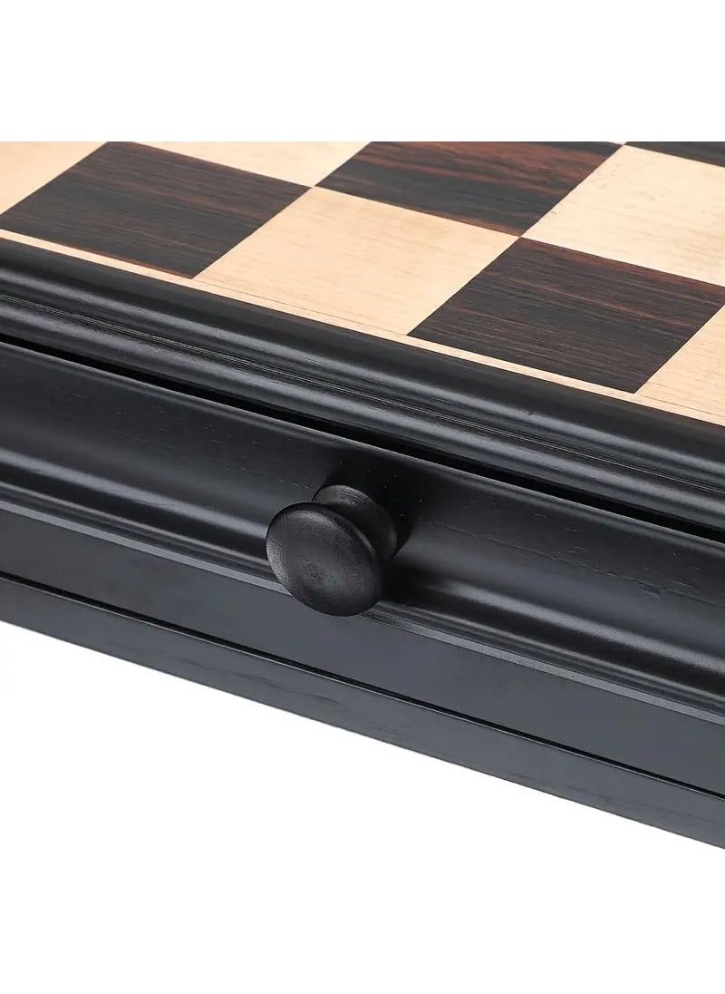 2-in-1 Wooden Checkers & Chess Board Game Set with Storage Drawer & Magnetic Bases Pieces, Premium Traditional Educational Toy for Adults & Kids Gift (Size, 38x38cm) Black/Brown