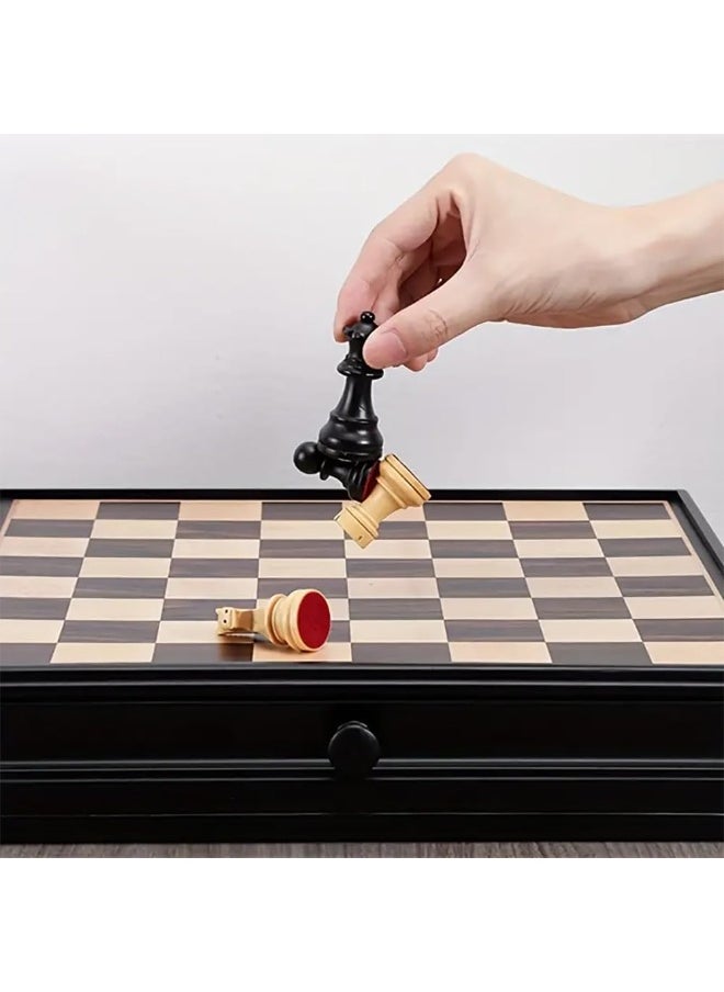 2-in-1 Wooden Checkers & Chess Board Game Set with Storage Drawer & Magnetic Bases Pieces, Premium Traditional Educational Toy for Adults & Kids Gift (Size, 38x38cm) Black/Brown