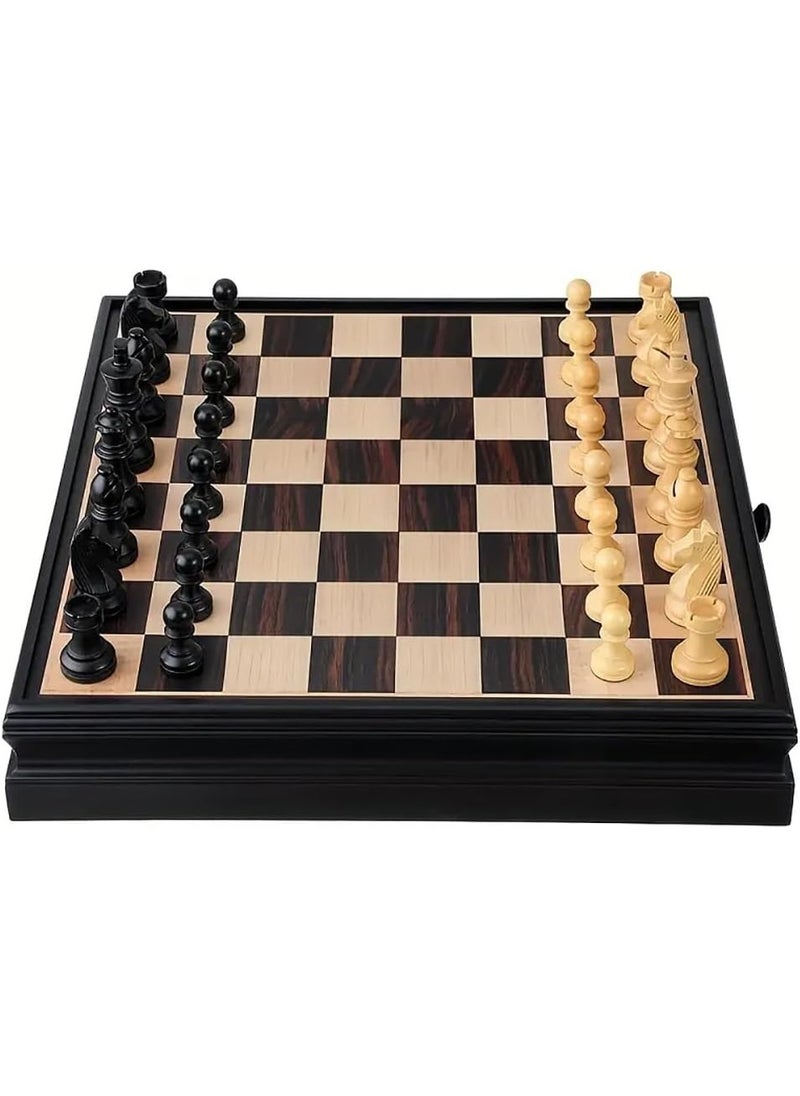 2-in-1 Wooden Checkers & Chess Board Game Set with Storage Drawer & Magnetic Bases Pieces, Premium Traditional Educational Toy for Adults & Kids Gift (Size, 38x38cm) Black/Brown