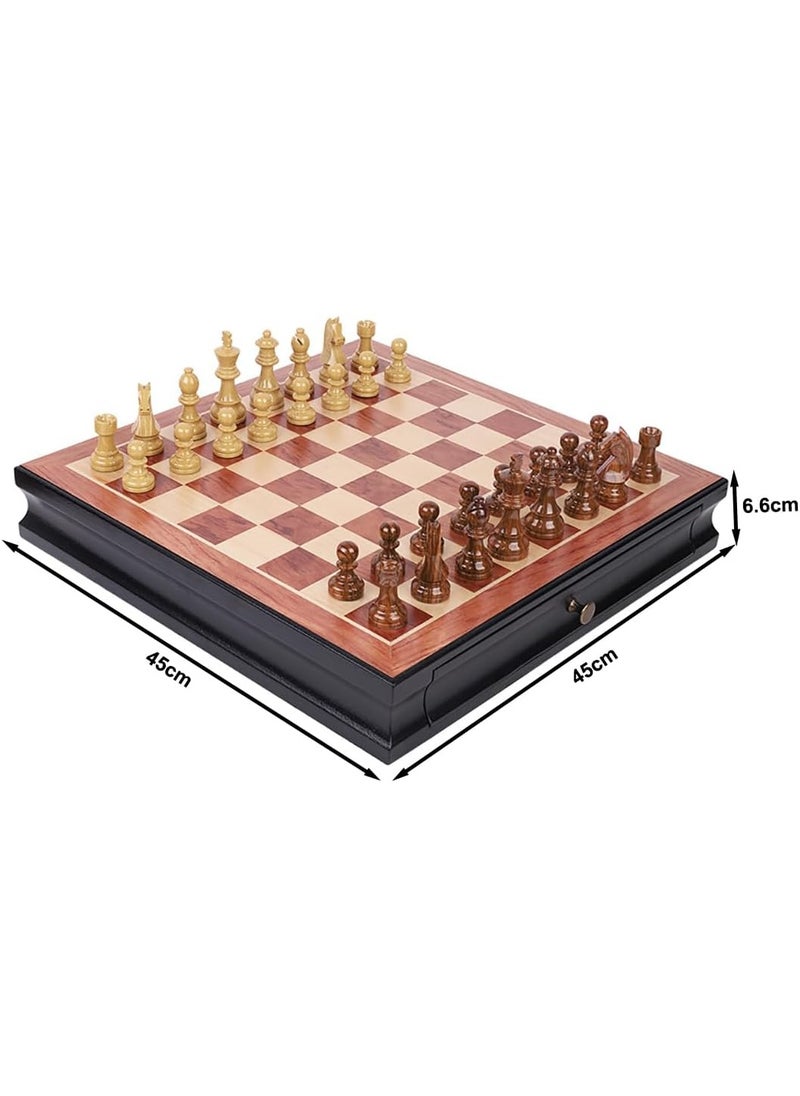 Wooden Chess Board Game Set with Storage Drawers, Premium Traditional Educational Toy for Adults & Kids Gift (Size, 45x45cm) Black/Brown