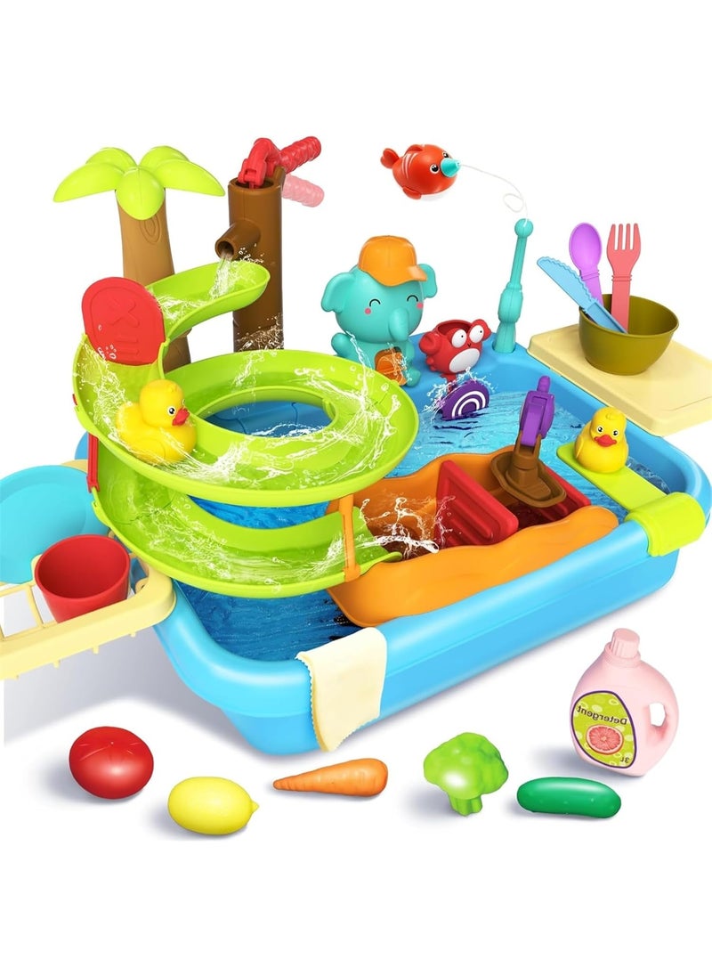 Play Kitchen Sink Toys with Upgraded Electric Faucet, Play Kitchen Toy Accessories, Pool Floating Fishing Toys for Water Play, Play House Pretend Role Play Toys for Boys Girls(Blue)
