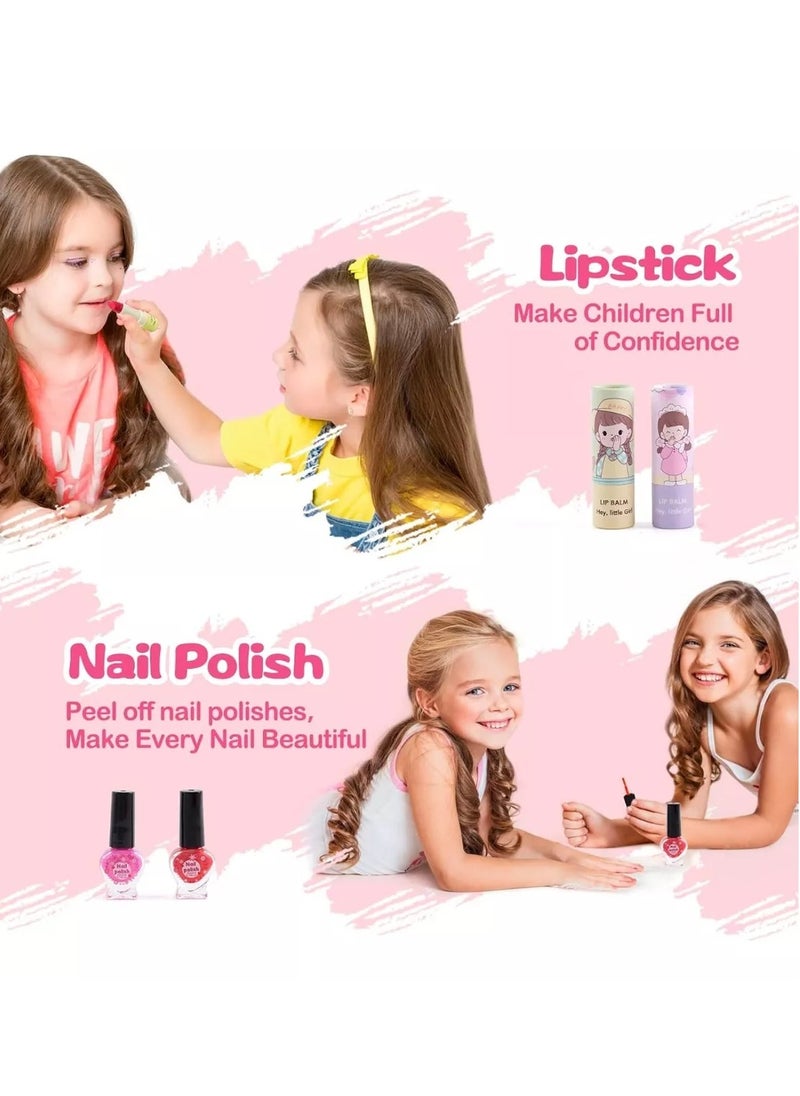 Makeup Set for Girls, Washable Cosmetic Kit, Makeup Box Suitcase Includes Lipstick/Eyeshadows/Nail Polish/Stickers, Kid Toy Gift