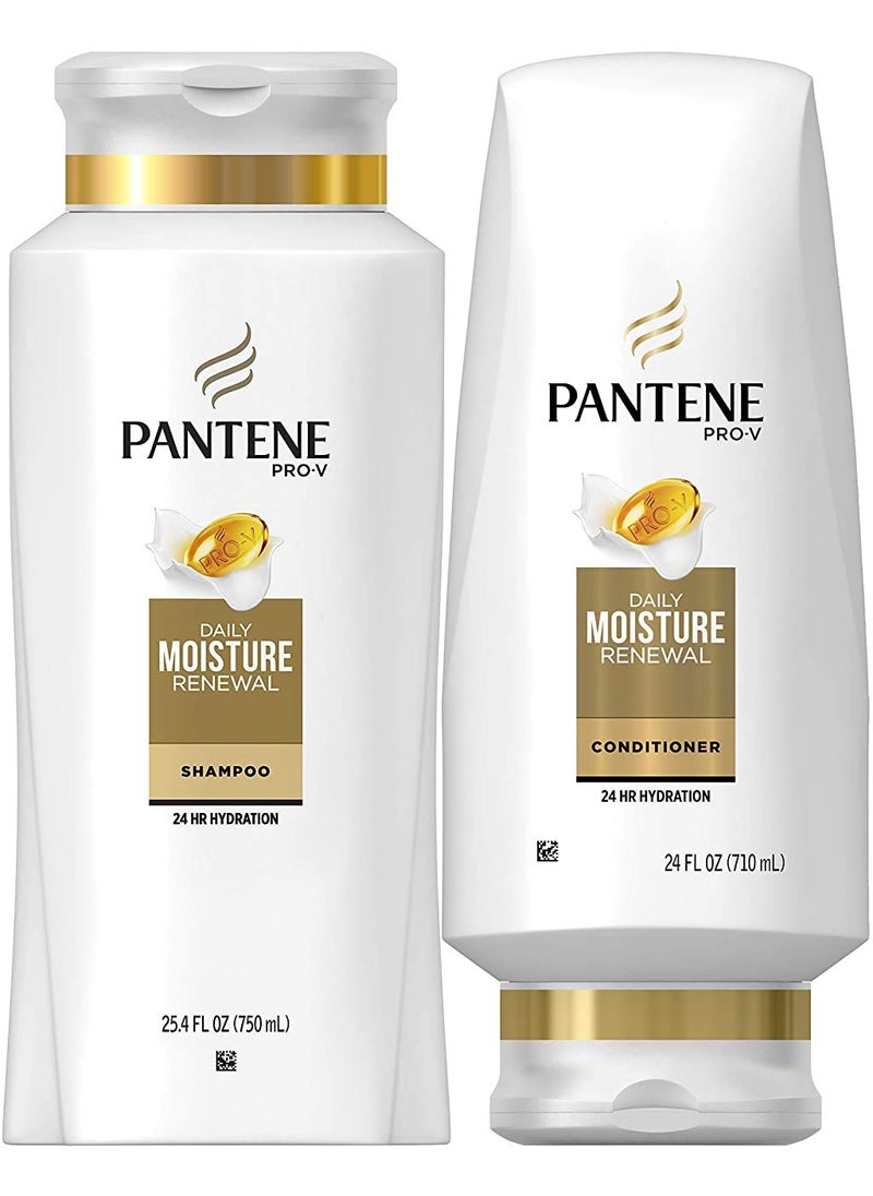Pantene Moisturizing Shampoo 25.4 OZ and Silicon-Free Conditioner 24 OZ for Dry Hair, Daily Moisture Renewal, Bundle Pack (Packaging May Vary)