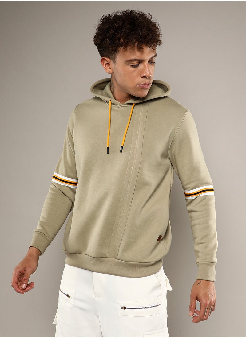 Men's Beige Pullover Hoodie With Contrast Striped Sleeve