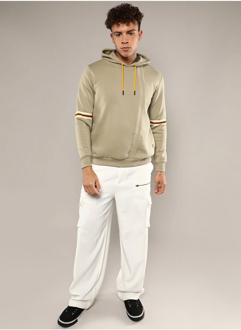 Men's Beige Pullover Hoodie With Contrast Striped Sleeve