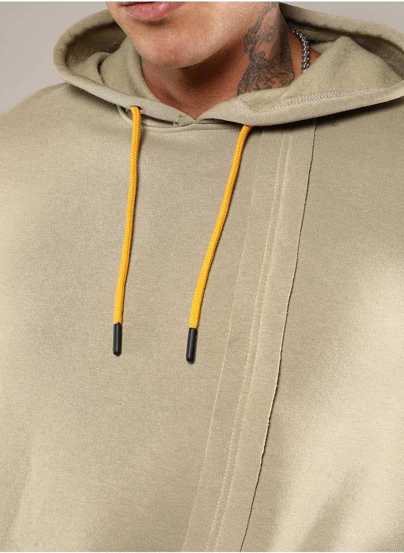 Men's Beige Pullover Hoodie With Contrast Striped Sleeve