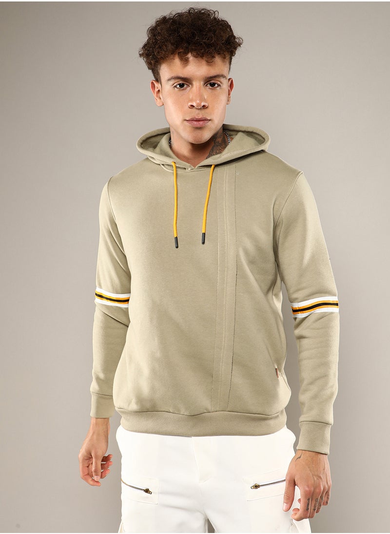 Men's Beige Pullover Hoodie With Contrast Striped Sleeve