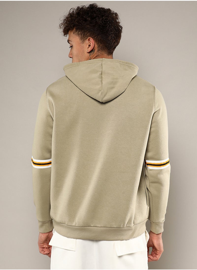 Men's Beige Pullover Hoodie With Contrast Striped Sleeve