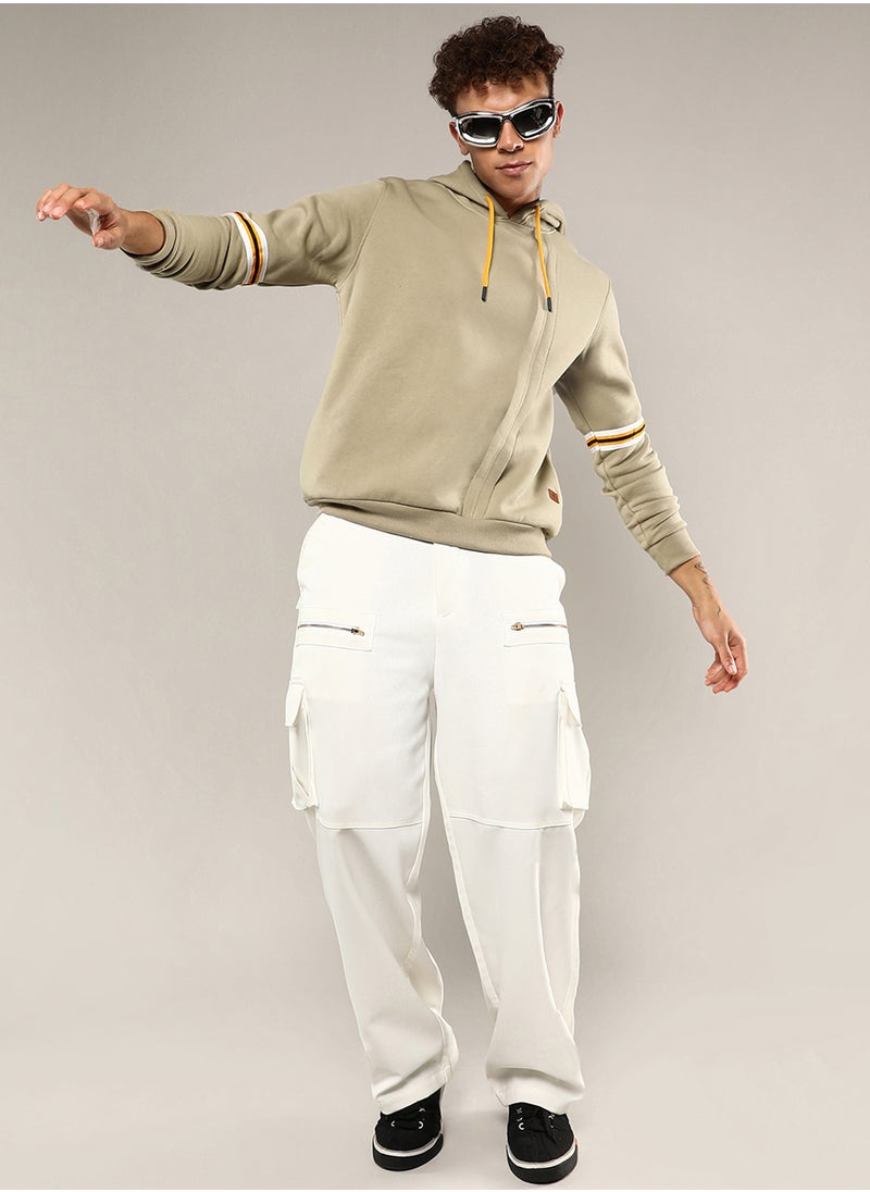Men's Beige Pullover Hoodie With Contrast Striped Sleeve