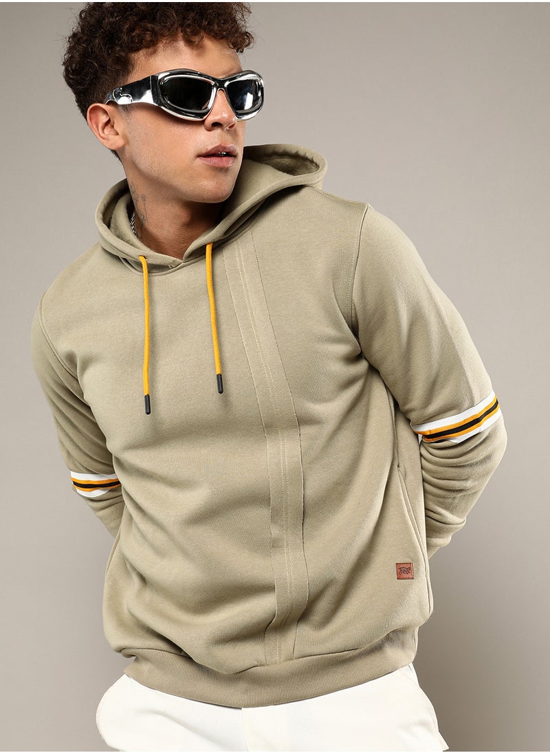 Men's Beige Pullover Hoodie With Contrast Striped Sleeve