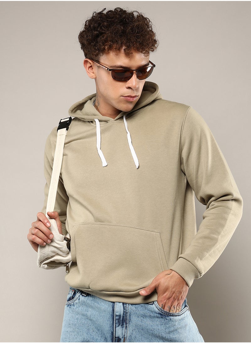 Men's Olive Green Pullover Hoodie With Contrast Drawstring