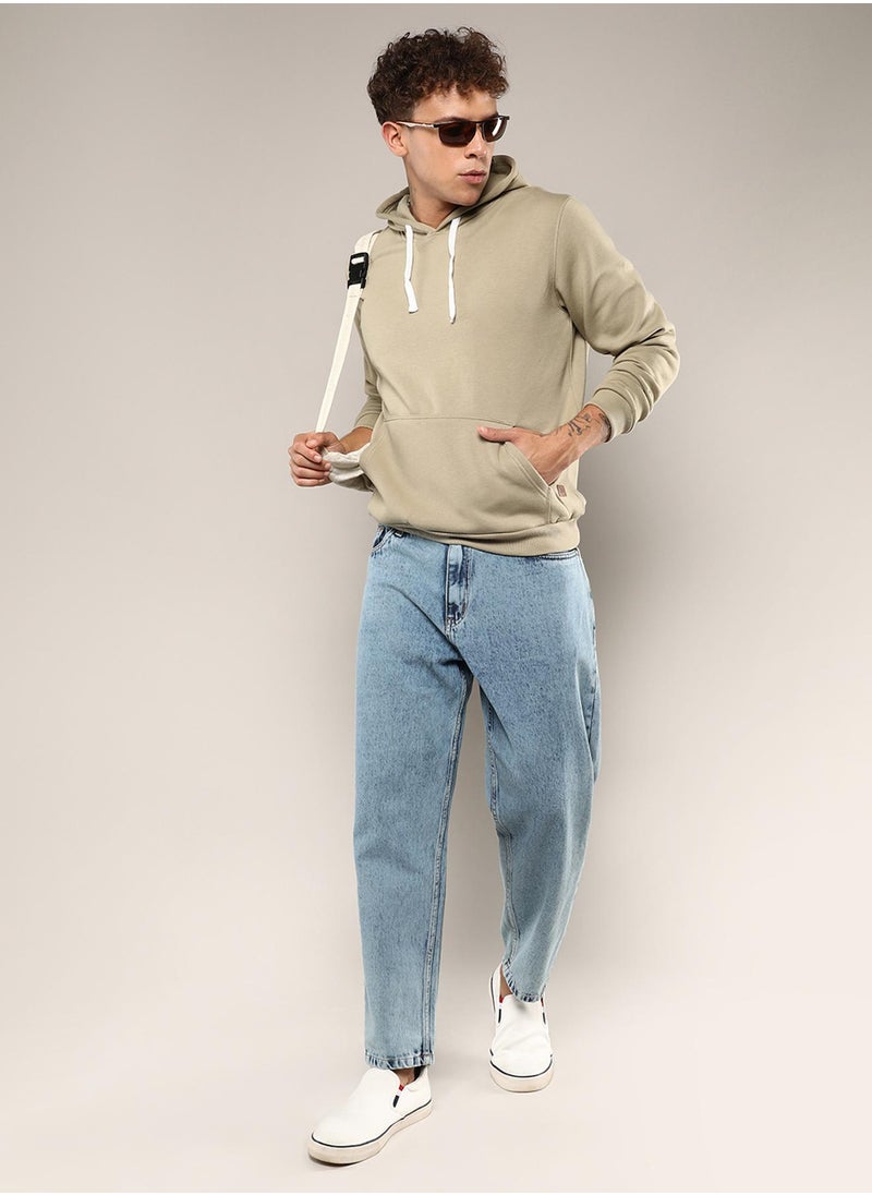 Men's Olive Green Pullover Hoodie With Contrast Drawstring