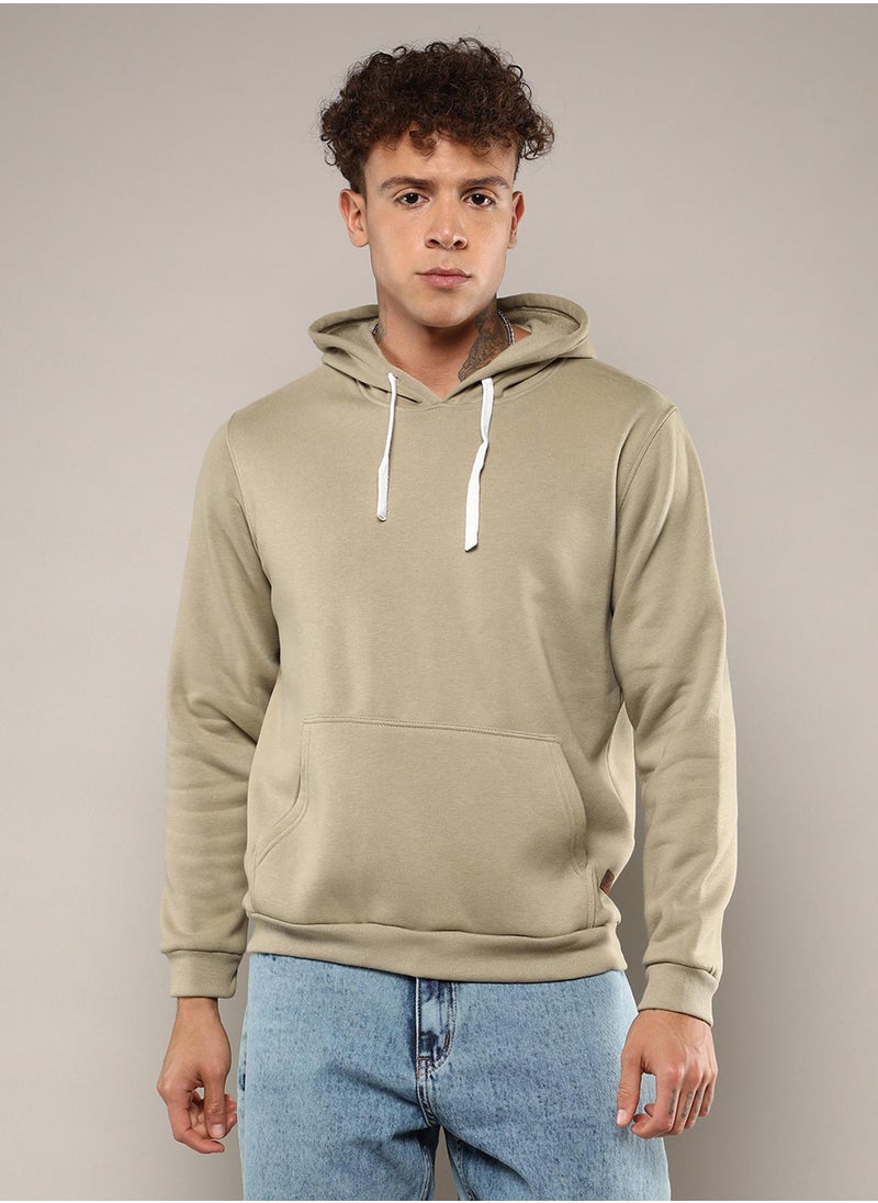 Men's Olive Green Pullover Hoodie With Contrast Drawstring