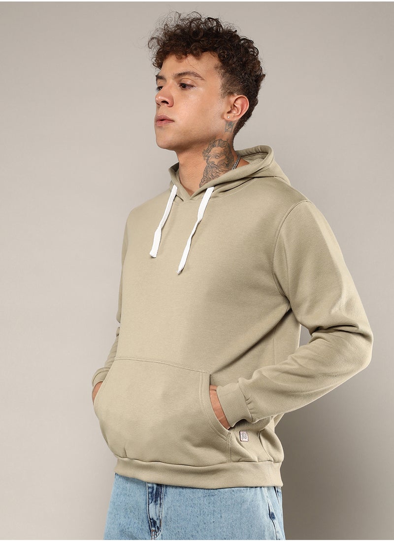 Men's Olive Green Pullover Hoodie With Contrast Drawstring