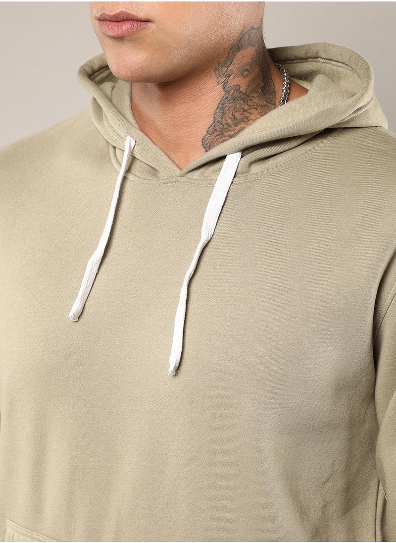 Men's Olive Green Pullover Hoodie With Contrast Drawstring