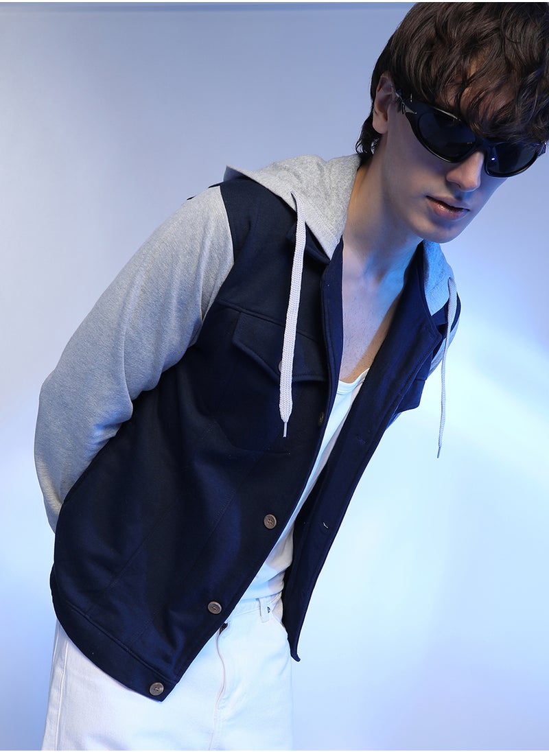 Men's Grey & Navy Blue Button-Front Jacket With Contrast Detail