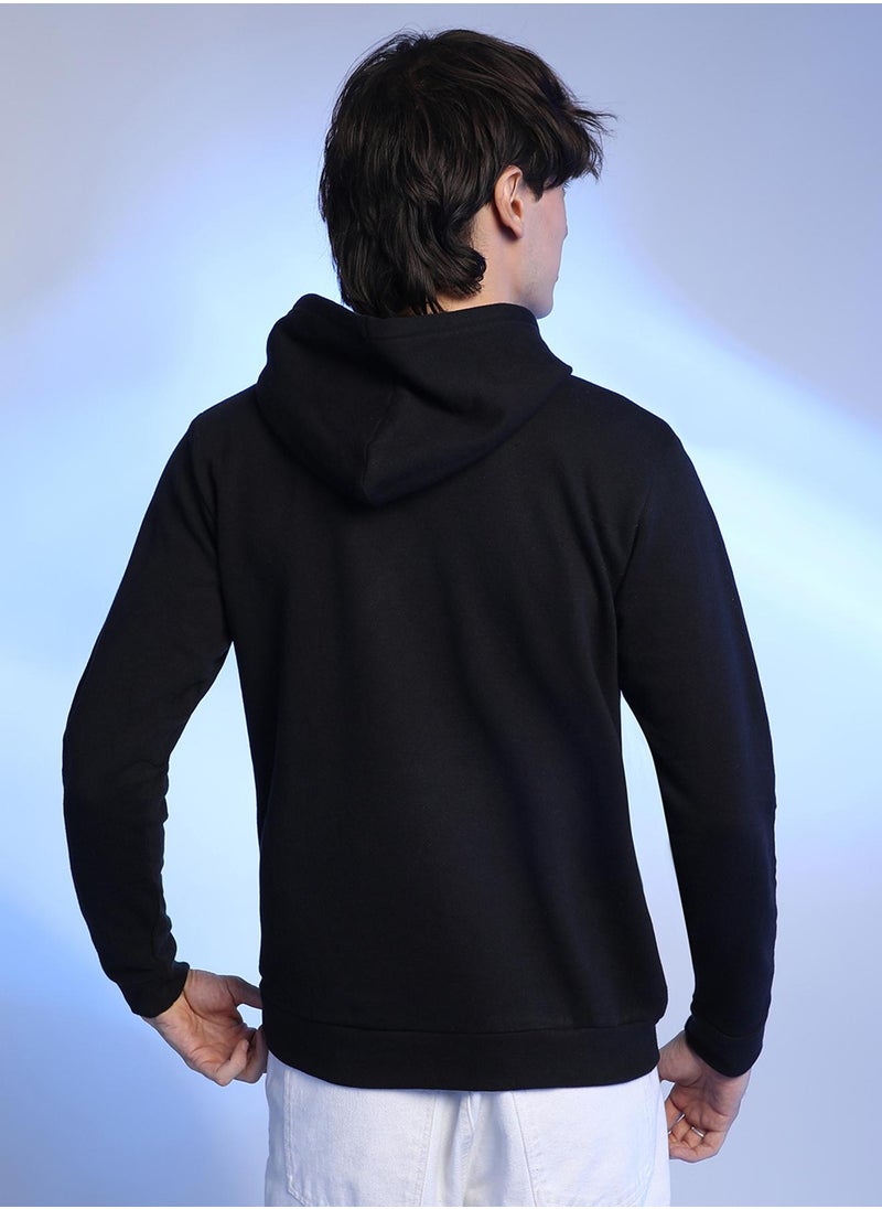 Men's Black Pullover Hoodie With Contrast Drawstring
