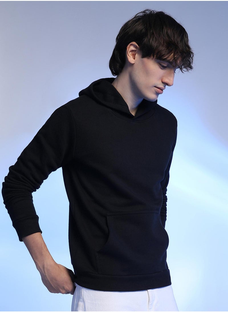 Men's Black Pullover Hoodie With Contrast Drawstring