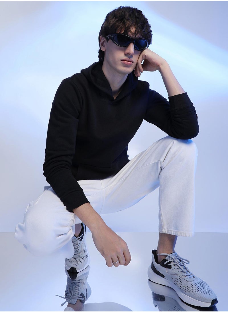 Men's Black Pullover Hoodie With Contrast Drawstring