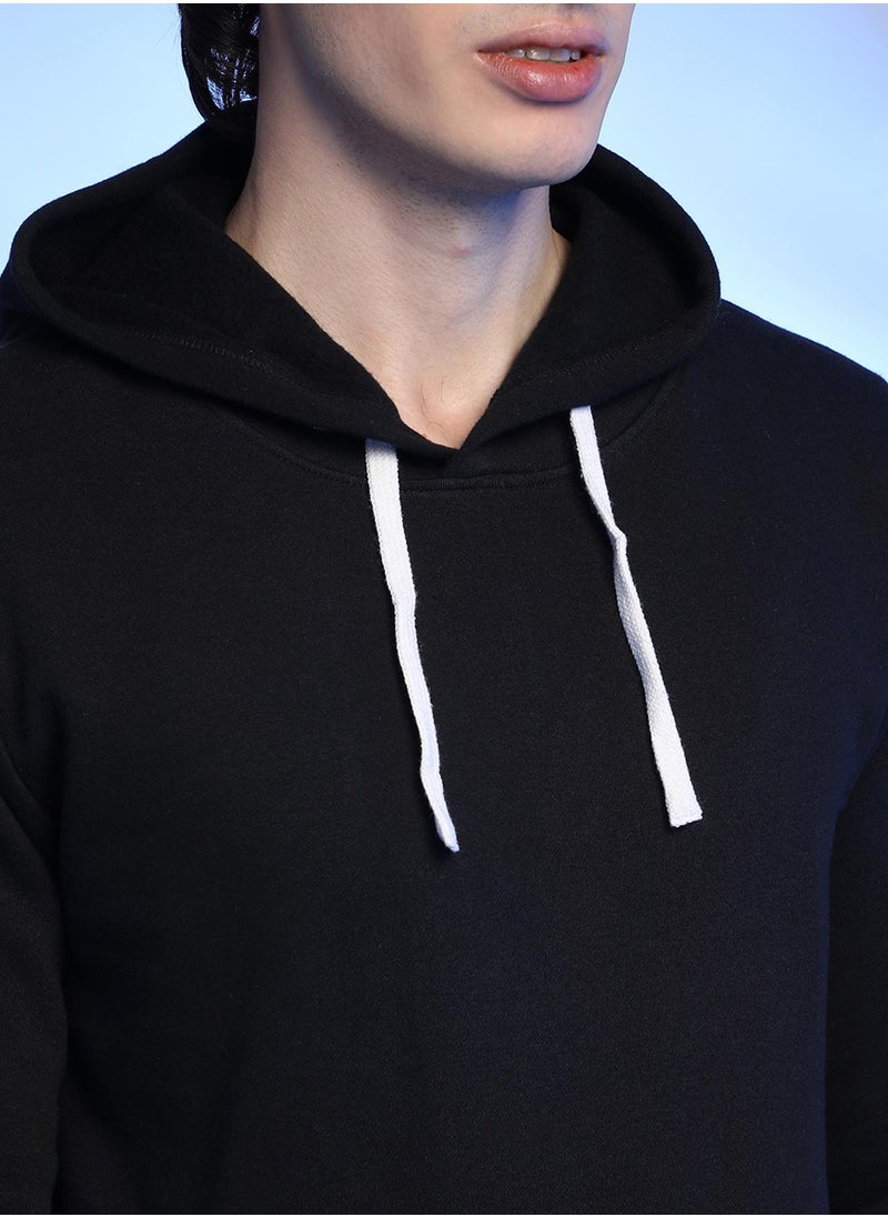 Men's Black Pullover Hoodie With Contrast Drawstring