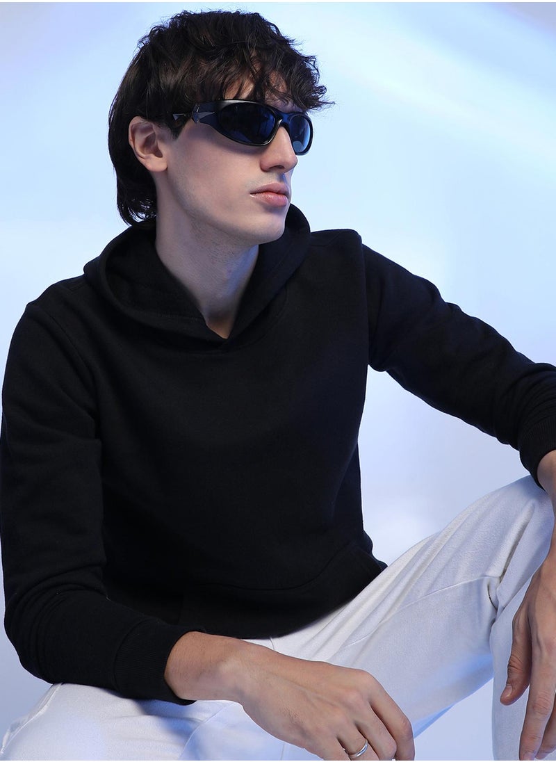 Men's Black Pullover Hoodie With Contrast Drawstring