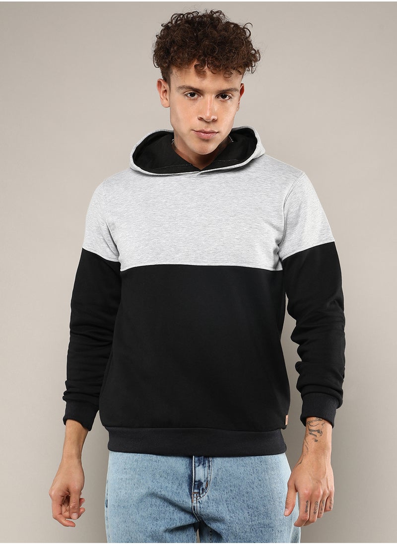 Men's Black & Grey Pullover Hoodie With Ribbed Hem