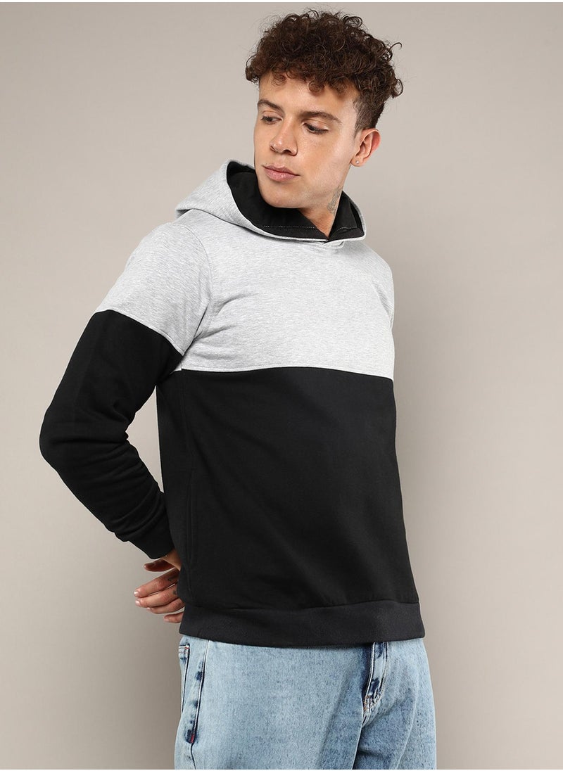 Men's Black & Grey Pullover Hoodie With Ribbed Hem