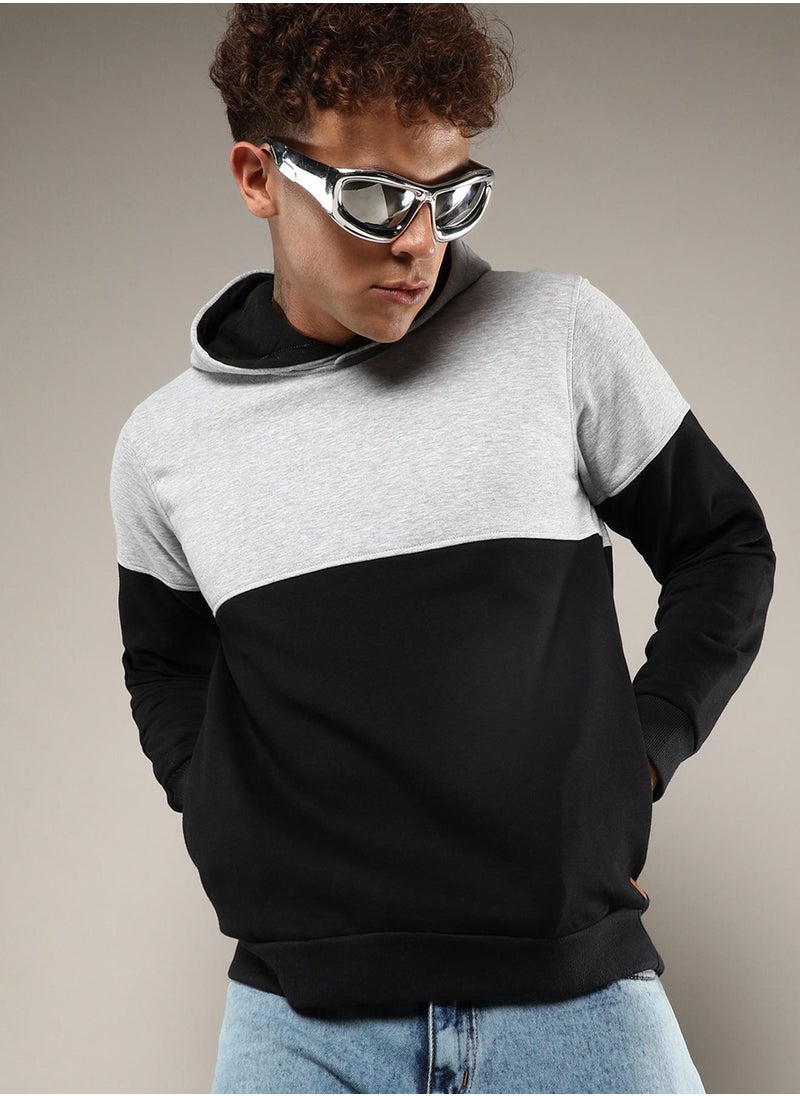 Men's Black & Grey Pullover Hoodie With Ribbed Hem