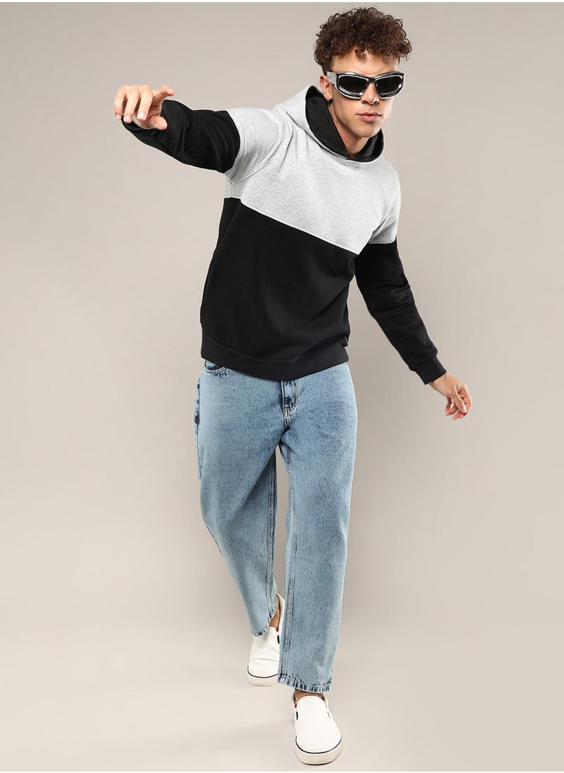 Men's Black & Grey Pullover Hoodie With Ribbed Hem