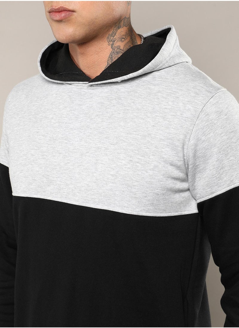 Men's Black & Grey Pullover Hoodie With Ribbed Hem