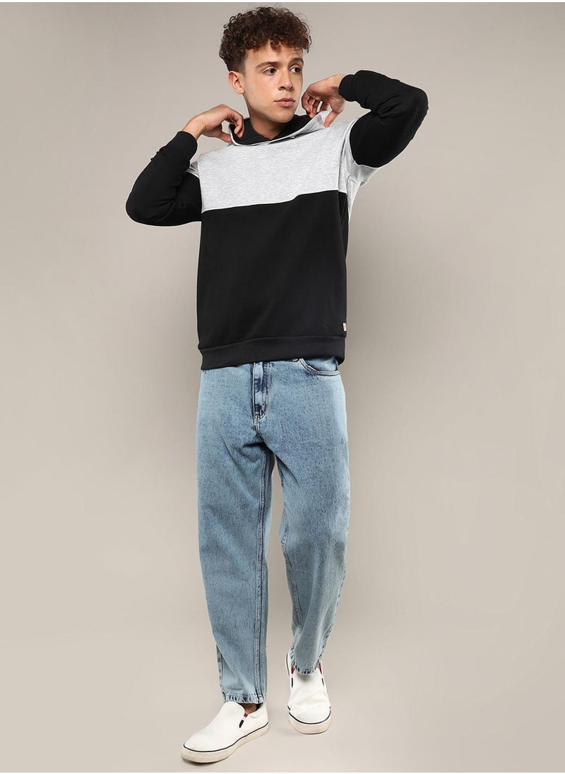 Men's Black & Grey Pullover Hoodie With Ribbed Hem