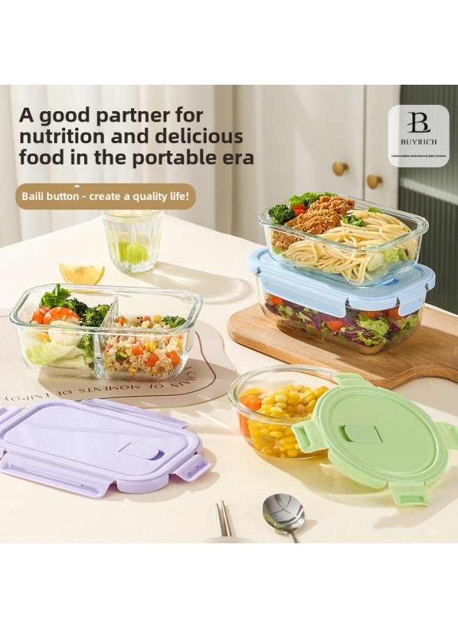 Long Glass Fresh-keeping Bowl Microwave Heatable Glass Bowl For Office Students With Meal Separated Lunch Box Lunch Box-Specifications:Rectangular Non-divided 900ml + Round 390ml + Insulation Bag - Lilac